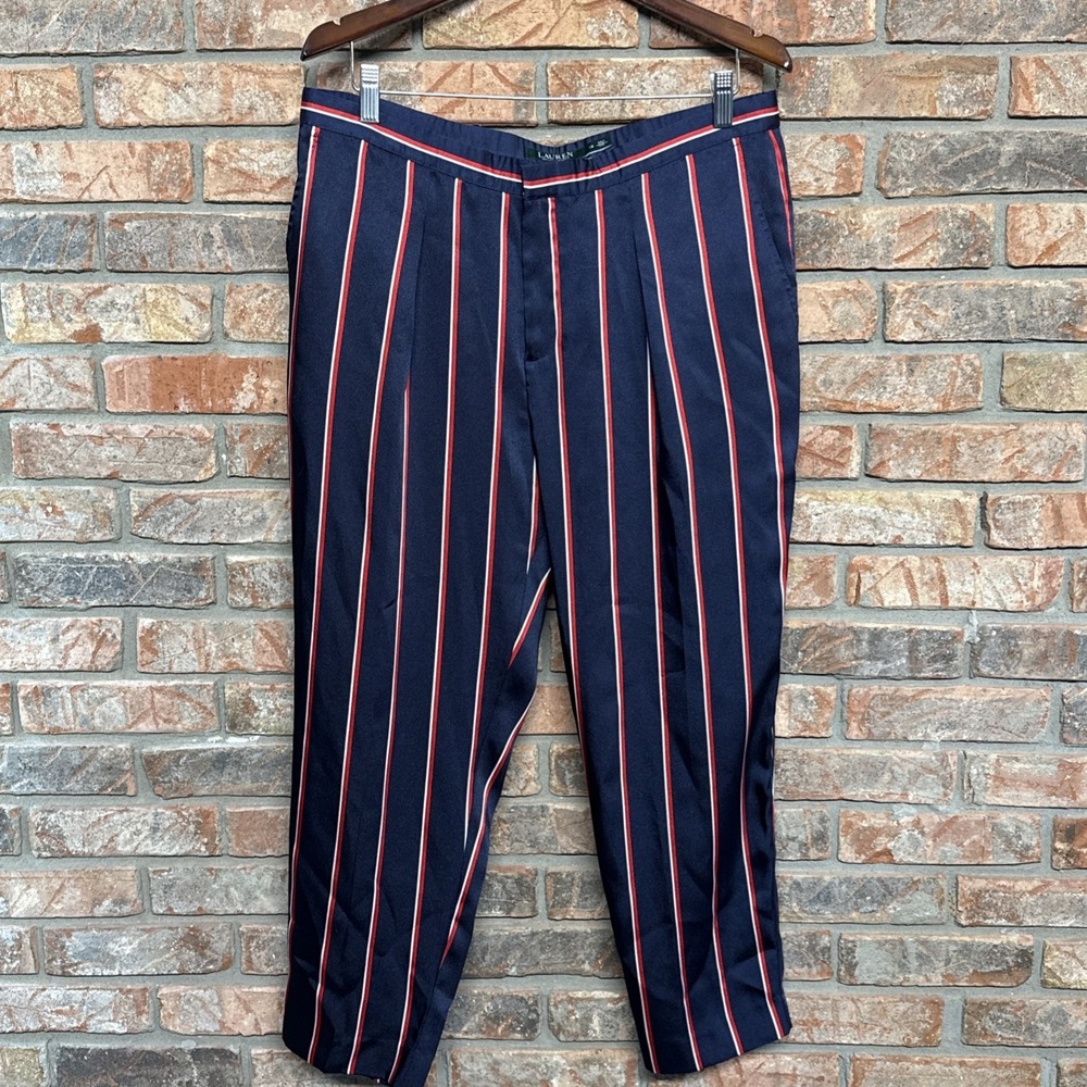 Lauren Ralph Lauren Satin Striped Tapered Pant Size 12 Nautical Navy Blue‎ Red
